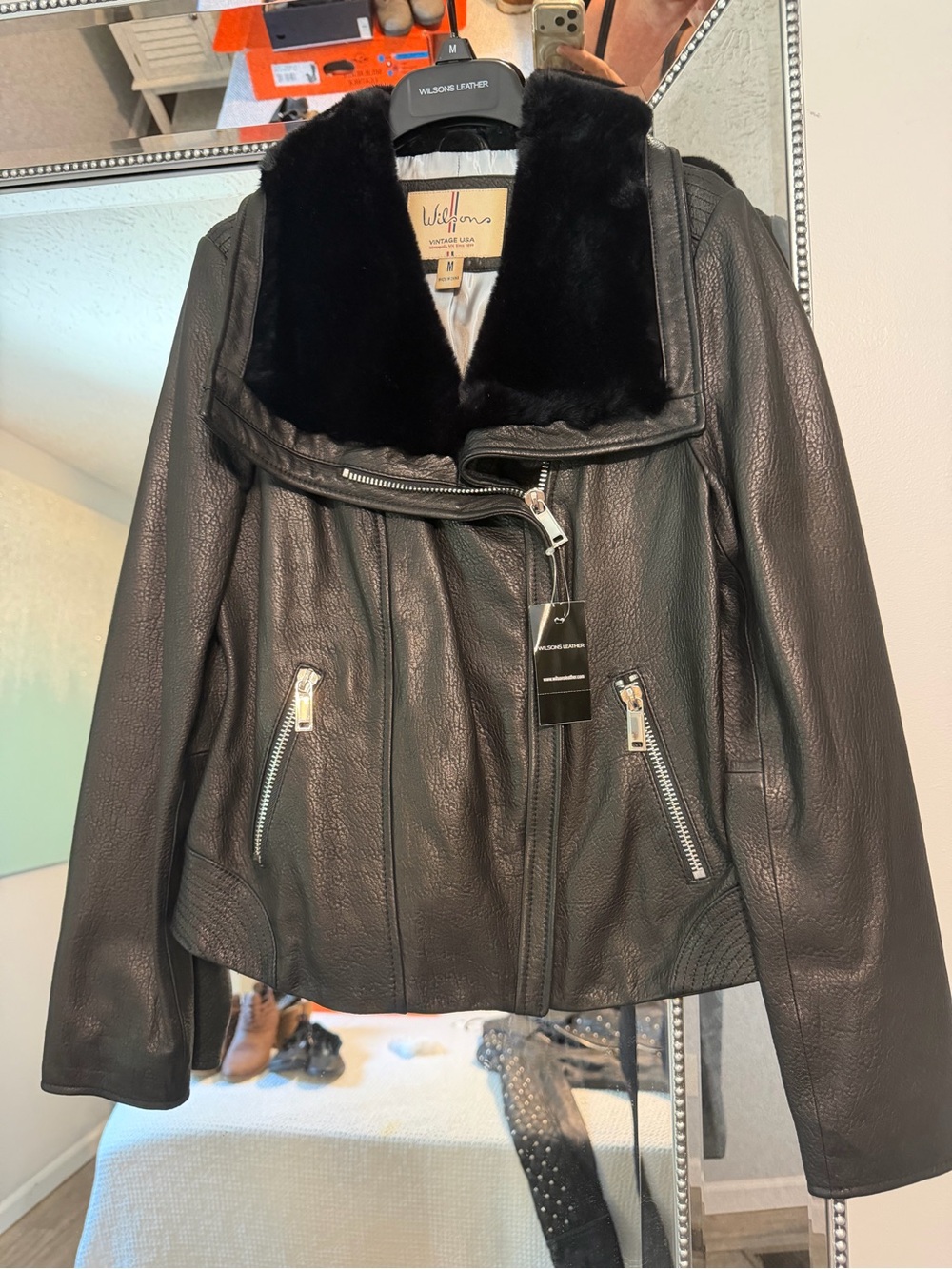 Wilsons Leather Black Leather Jacket with Plush Collar